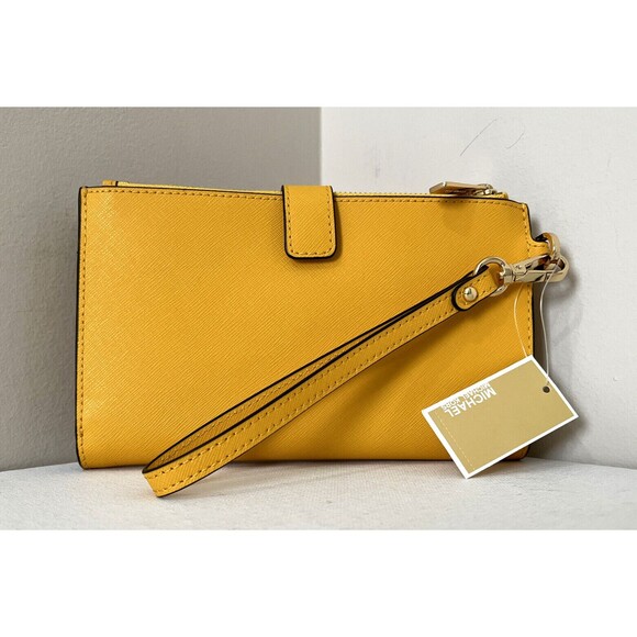 New Michael Kors Jet Set Travel Double Zip Wallet Leather Jasmine Yellow - Picture 3 of 5